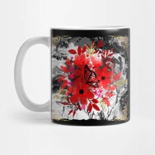 Painted Blooms on Spilled Canvas - Gold and red - black and white Mug